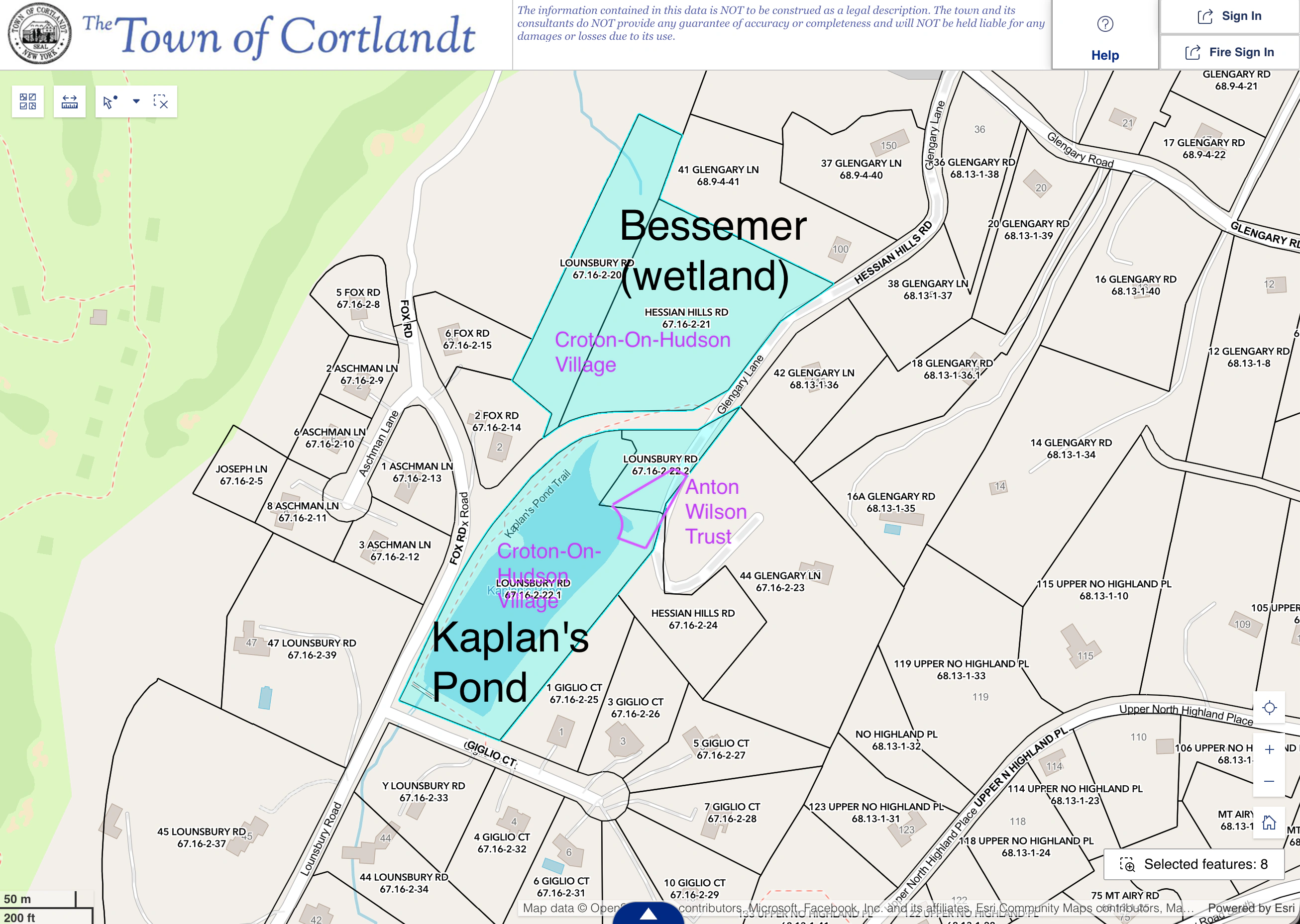 Cortlandt GIS map showing Kaplan's Pond, Bessemer wetland, and Anton Wilson property boundaries