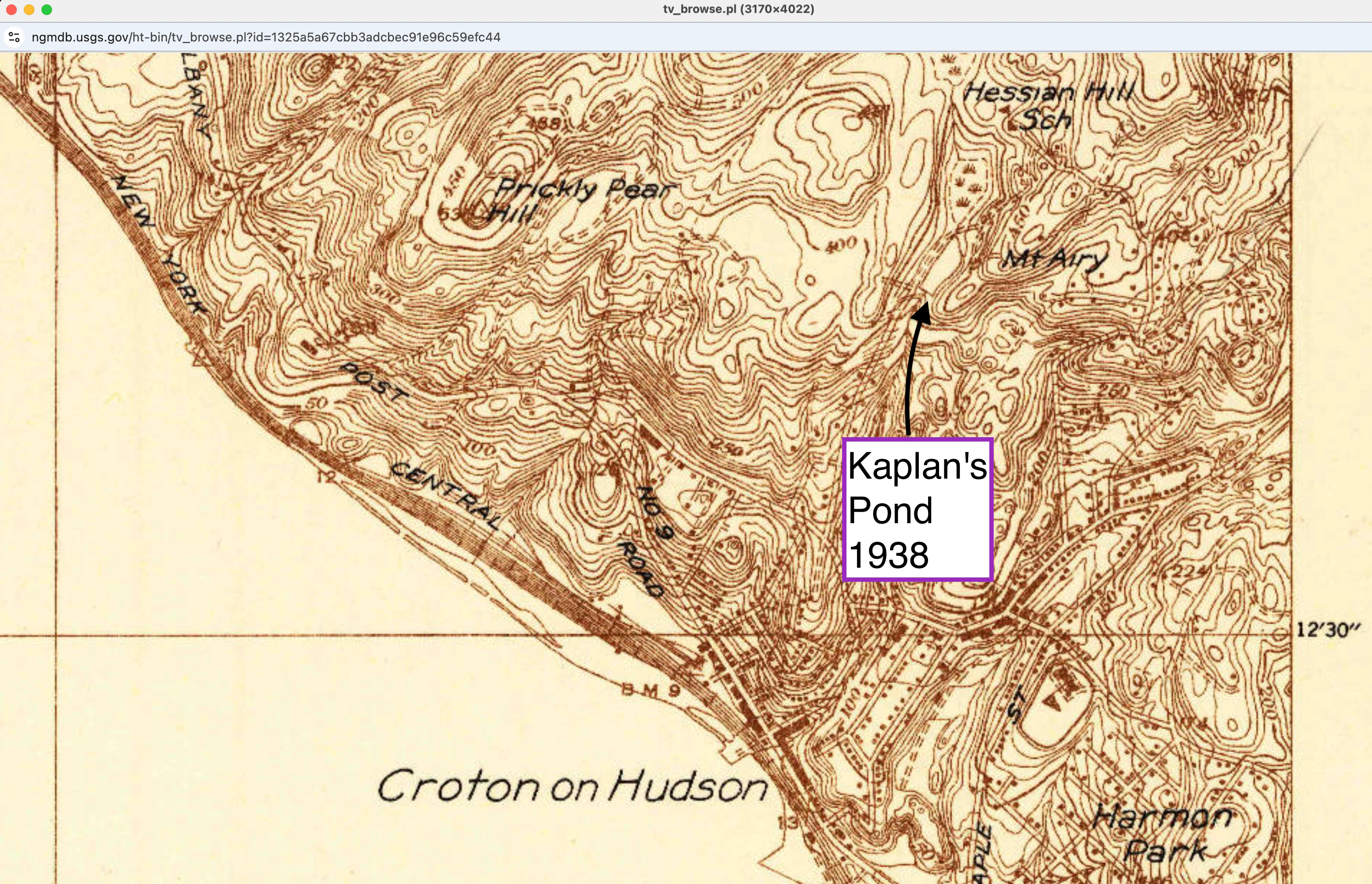 Kaplan's Pond on the first topographic map from 1937